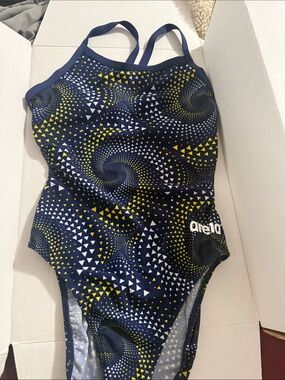 Arena Women's Navy One-Piece Swimsuit with Yellow & White Spiral Print